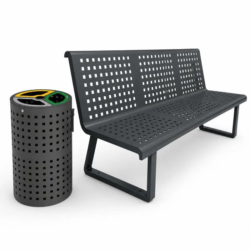 banc métal gris avec corbeille de tri sélectif