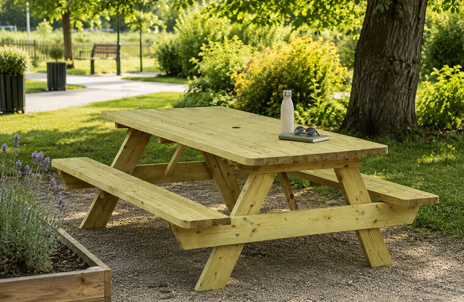 Mobilier urbain en bois : table de pique-nique dans un espace vert